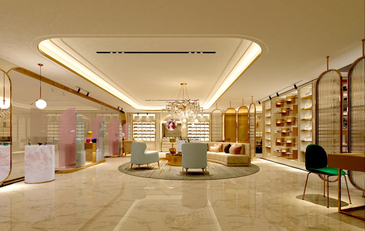 Interior de showroom de retail con acabados en pladur